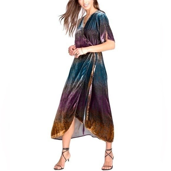 Johnny Was Dresses & Skirts - Johnny Was Ombre Cheetah Velvet Midi Wrap Dress Brown Purple Turquoise Size L